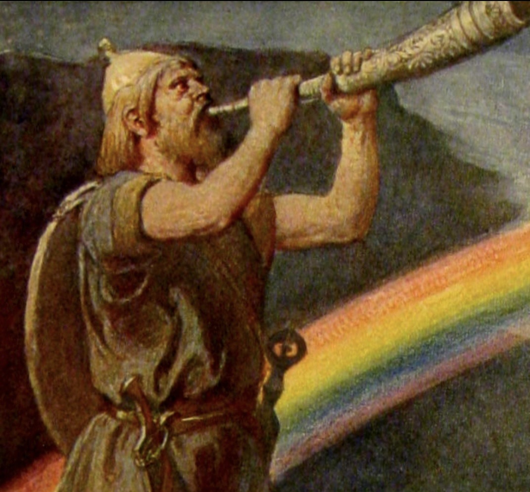 The Norse god, Heimdallr, lived at a place called Himinbj&ouml;rg, where the Bifr&ouml;st, the burning rainbow bridge, meets the realm of the gods. Heimdallr has keen senses of sight and hearing and keeps a perpetual watch for Ragnar&ouml;k. This painting depicts Heimdallr sounding his horn at the end of times, Ragnar&ouml;k.
